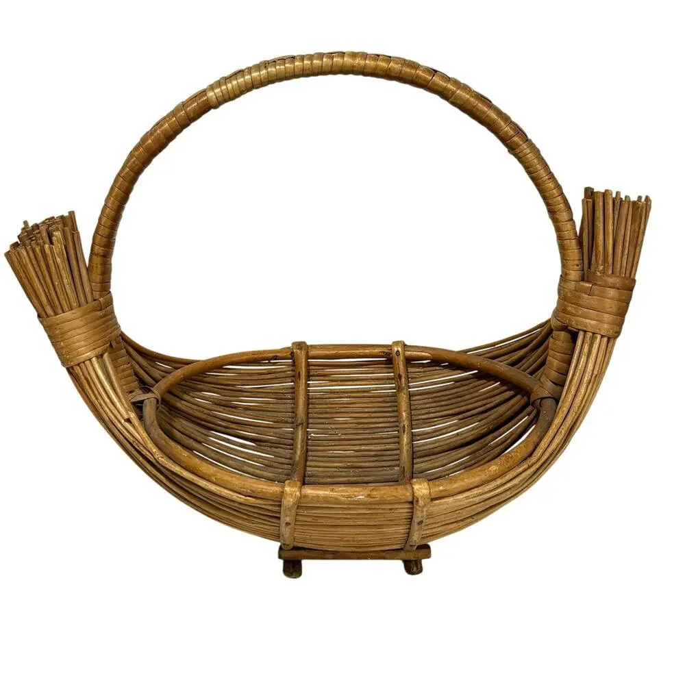 Pencil Reed Wood Basket handmade signed unique boat shape vintage centerpiece